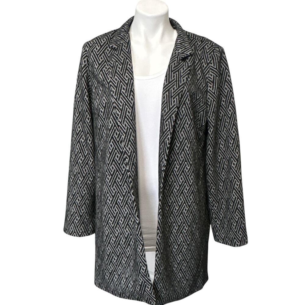 Chico's Blazer Women's XL Black White Longline Open Front Geometric Jacquard